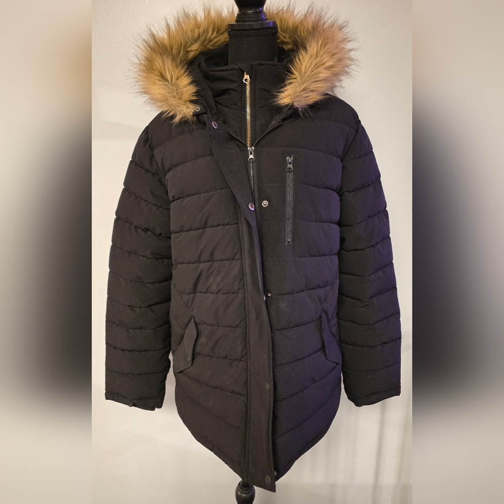 Swiss Tech Women's Bibbed Solarball Puffer Coat W/ Faux Fur Trimmed Hood XL